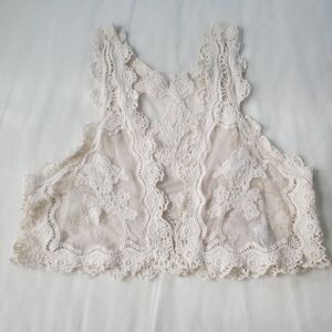 Tres Bien Mesh and Crochet Cream  Cropped Boho Fairy Festival Vest OSFM